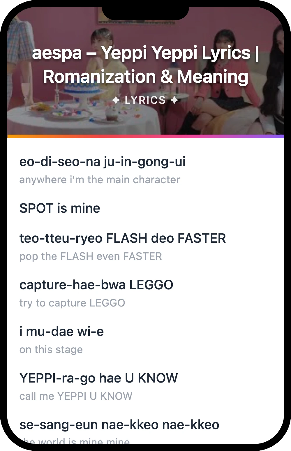 aespa Yeppi Yeppi lyrics romanization and English meaning