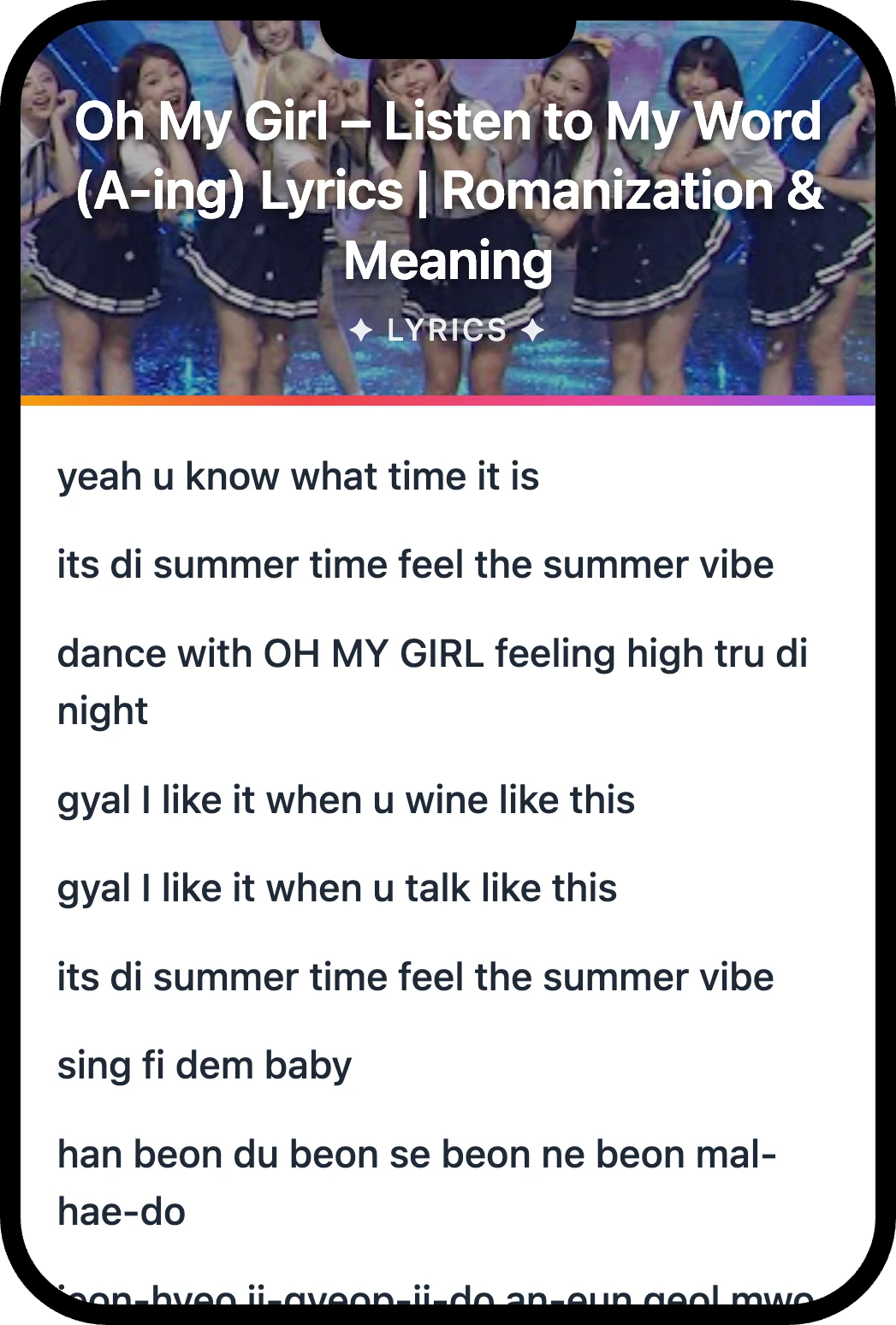 Oh My Girl Listen to My Word lyrics romanization and English meaning