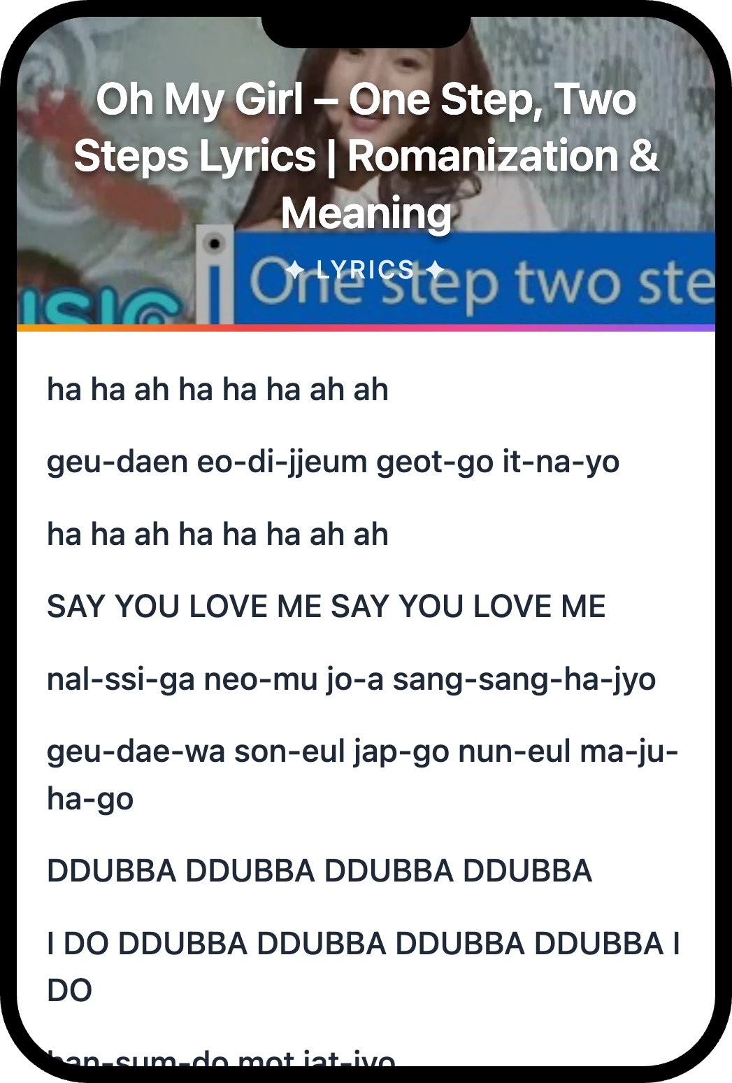 Oh My Girl One Step, Two Steps lyrics romanization and English meaning