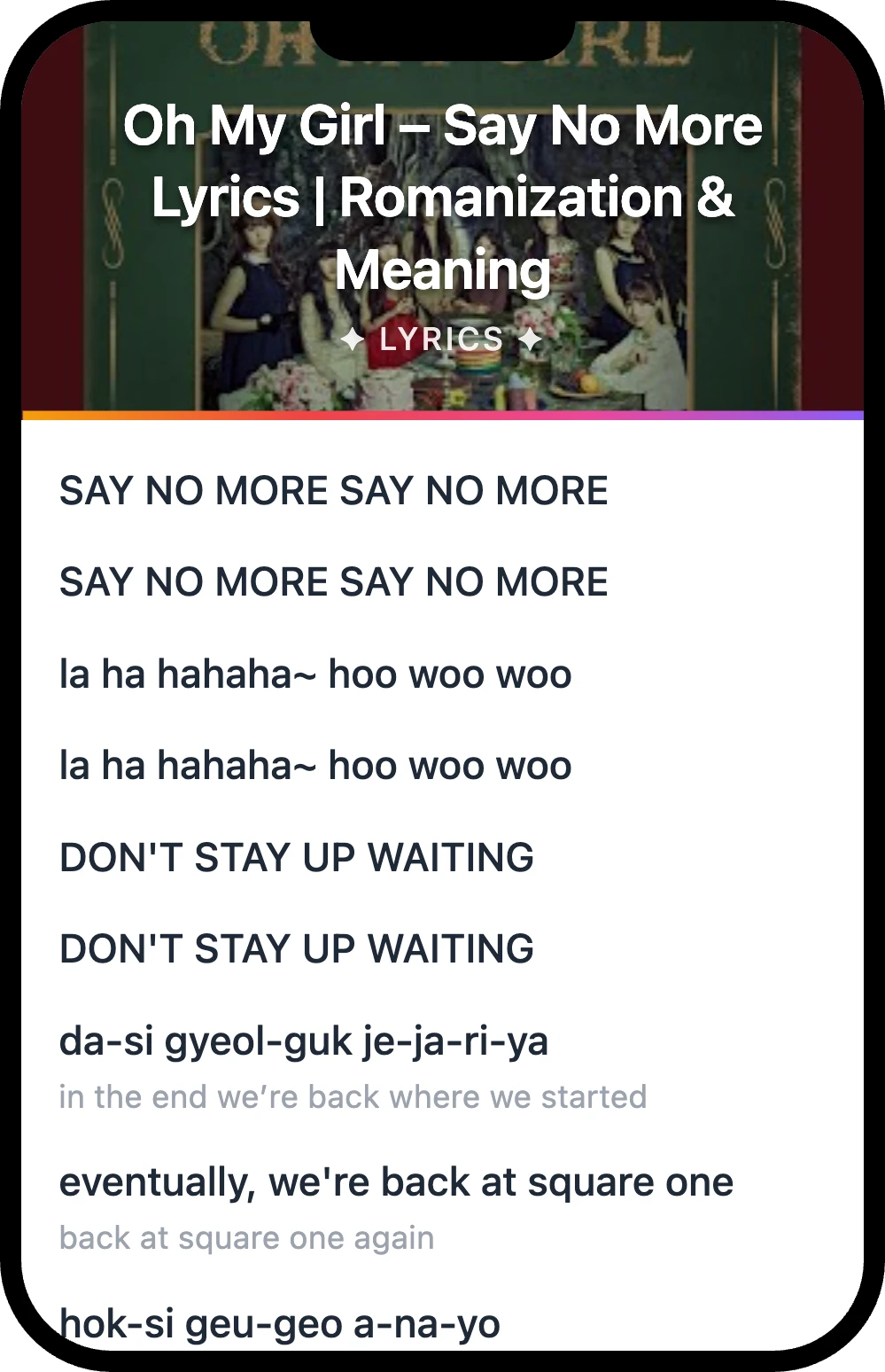 Oh My Girl Say No More lyrics romanization and English meaning