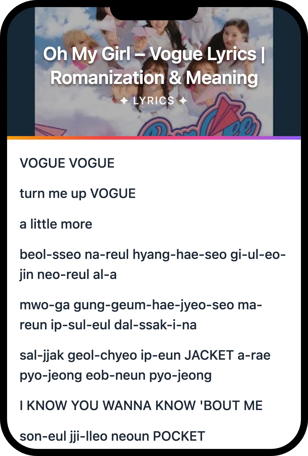 Oh My Girl Vogue lyrics romanization and English meaning