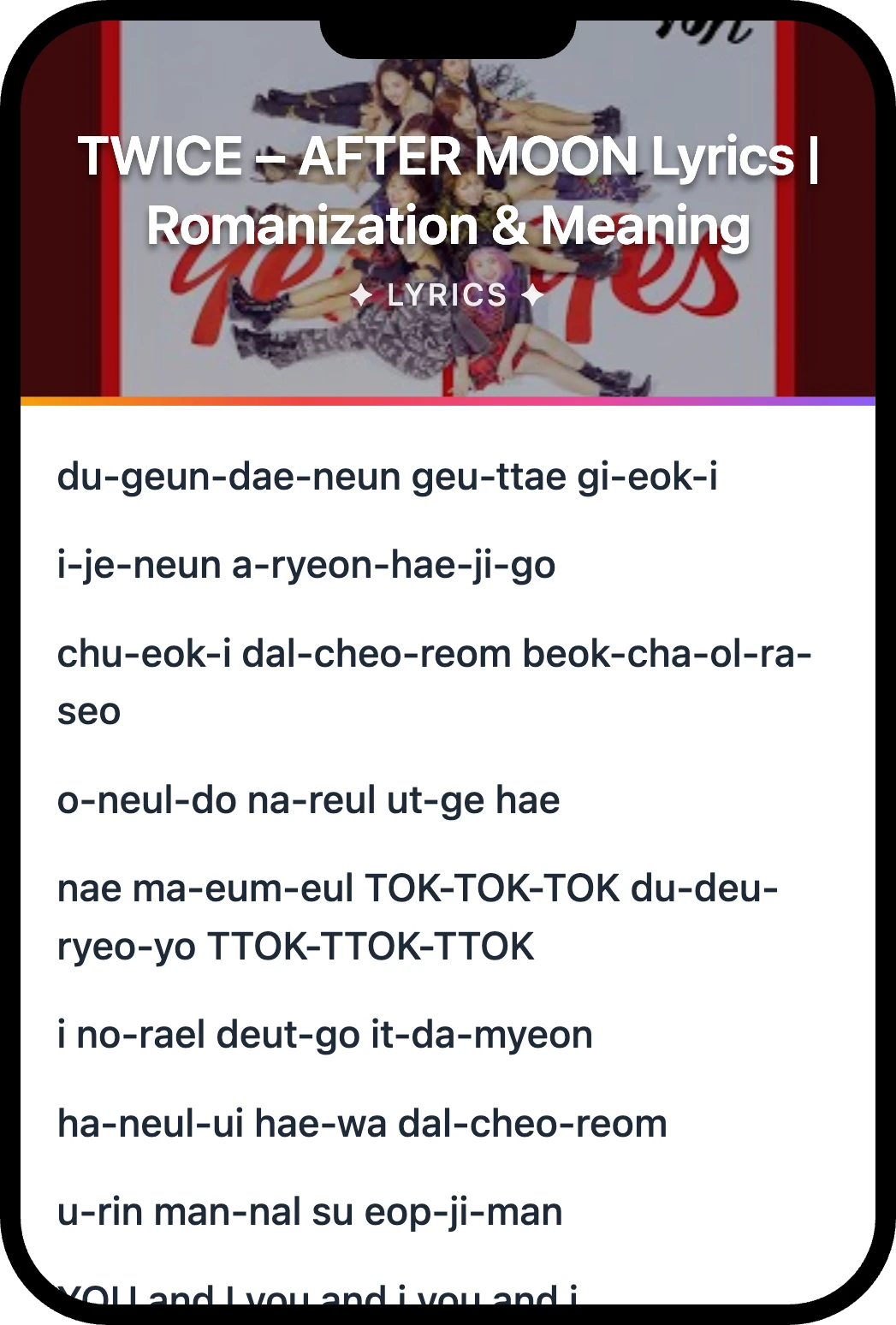 TWICE AFTER MOON lyrics romanization and English meaning