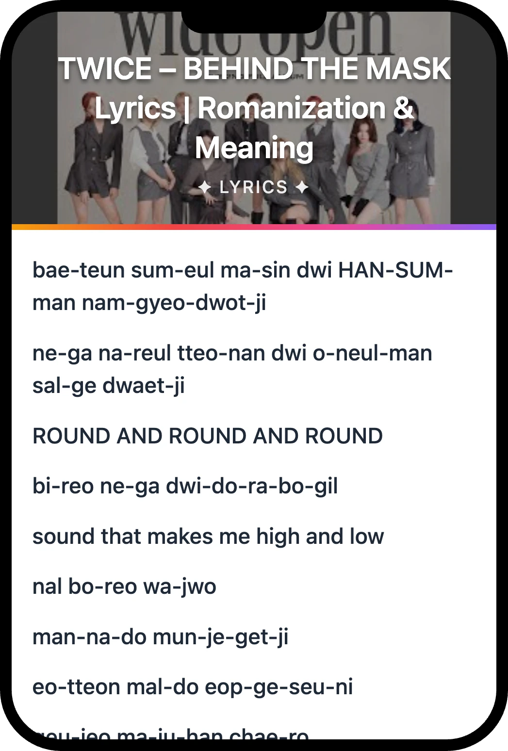 TWICE BEHIND THE MASK lyrics romanization and English meaning