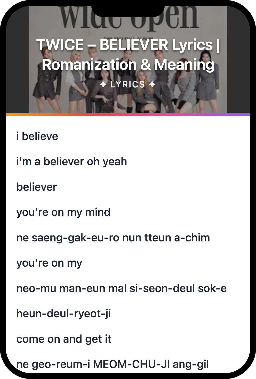TWICE BELIEVER lyrics romanization and English meaning