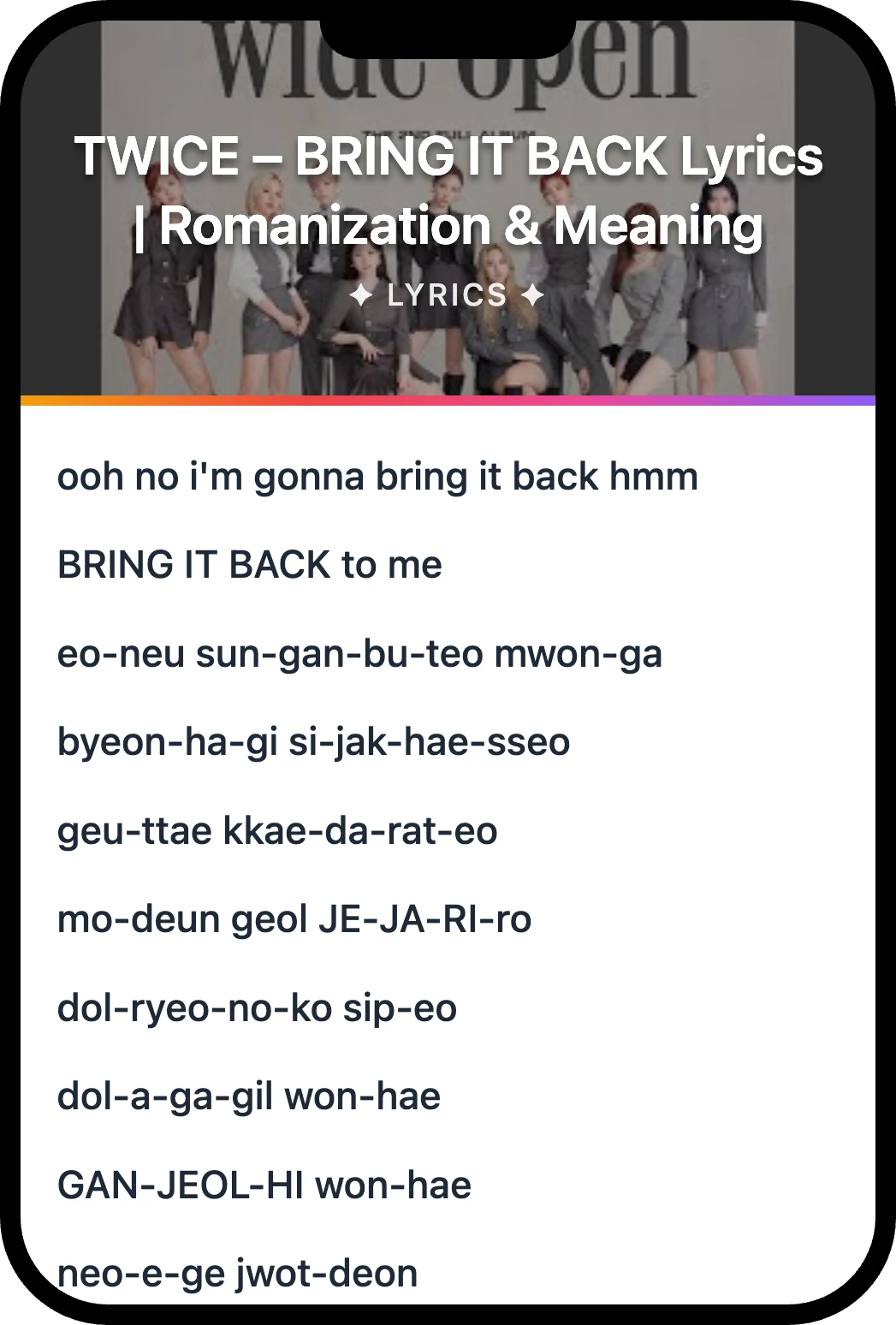 TWICE BRING IT BACK lyrics romanization and English meaning