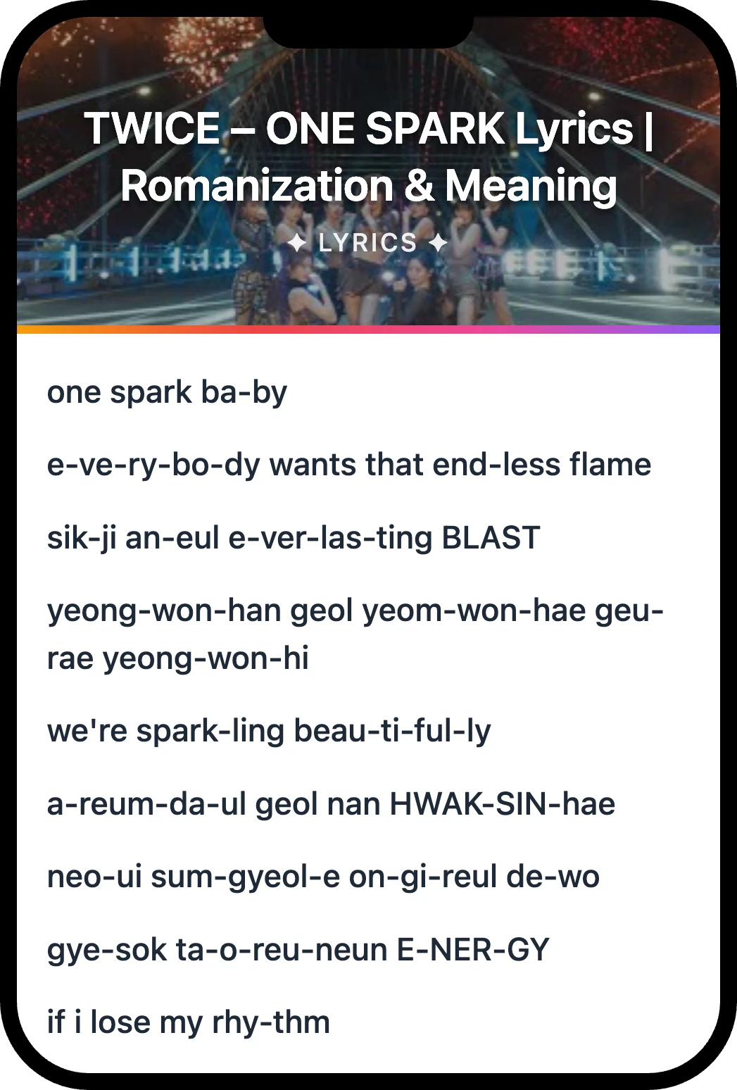 TWICE ONE SPARK lyrics romanization and English meaning