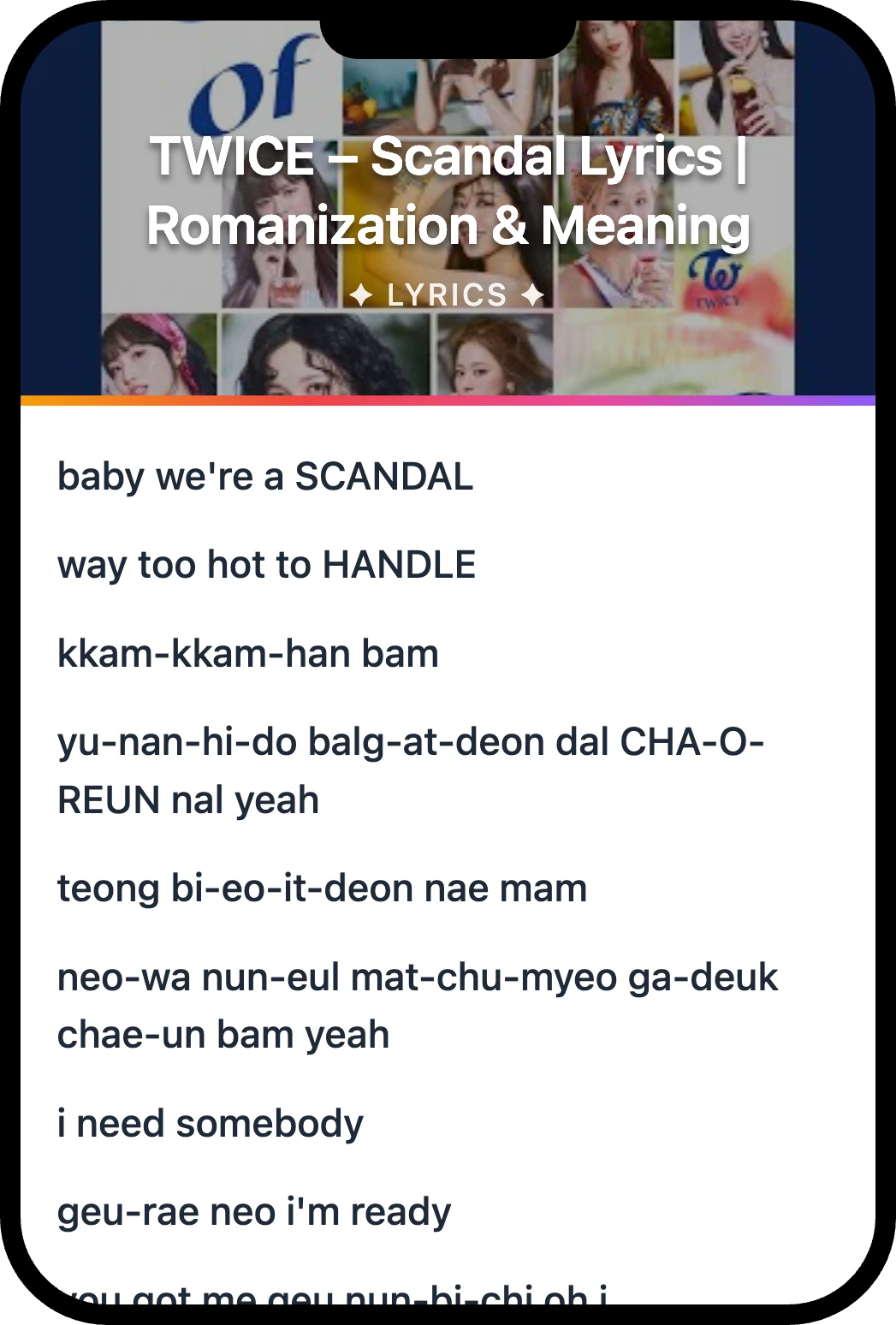 TWICE Scandal lyrics romanization and English meaning