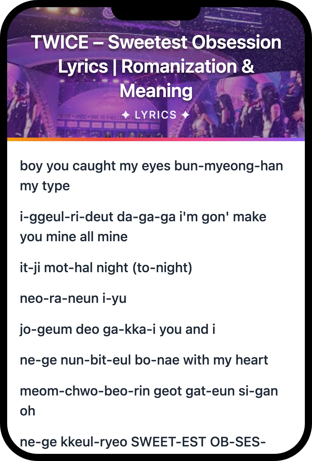 TWICE Sweetest Obsession lyrics romanization and English meaning