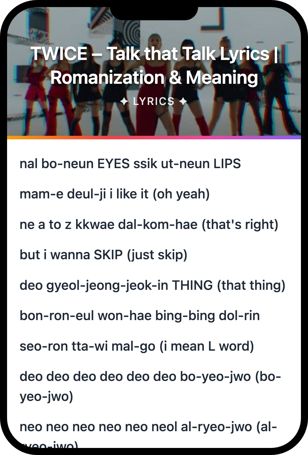 TWICE Talk that Talk lyrics romanization and English meaning