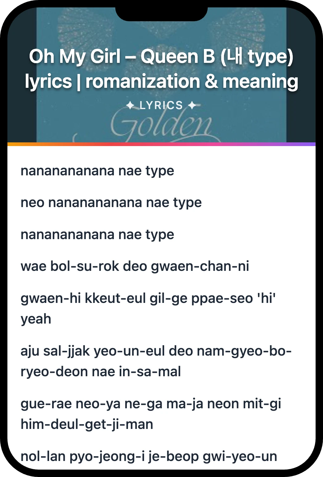 Oh My Girl Queen B lyrics romanization and English meaning