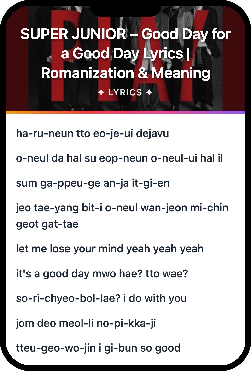 SUPER JUNIOR Good Day for a Good Day lyrics romanization and English meaning