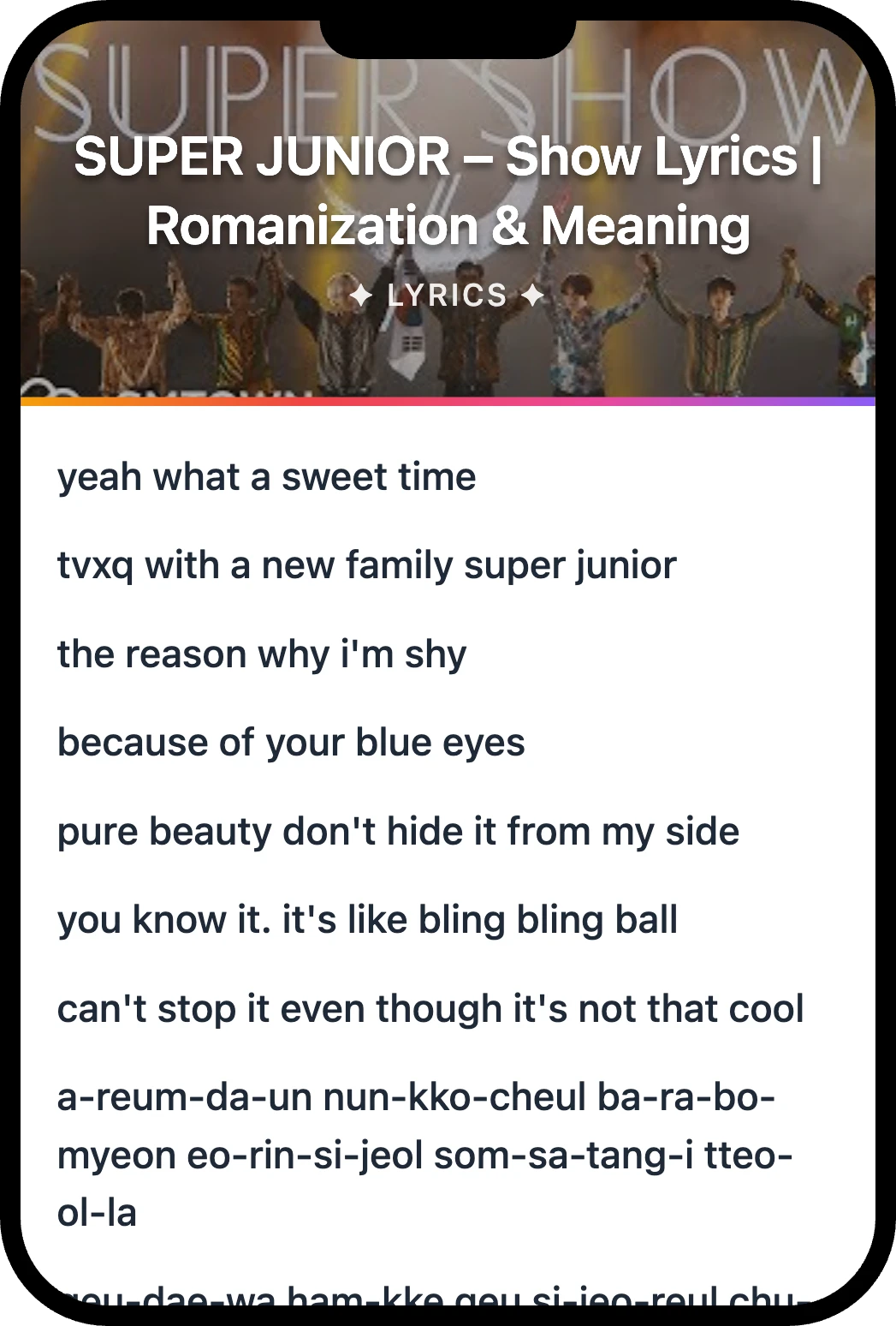 SUPER JUNIOR Show lyrics romanization and English meaning