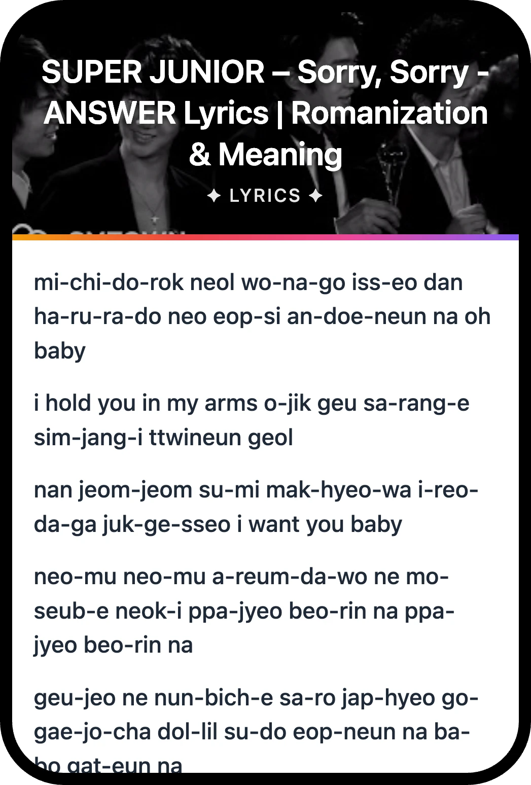 SUPER JUNIOR Sorry, Sorry lyrics romanization and English meaning