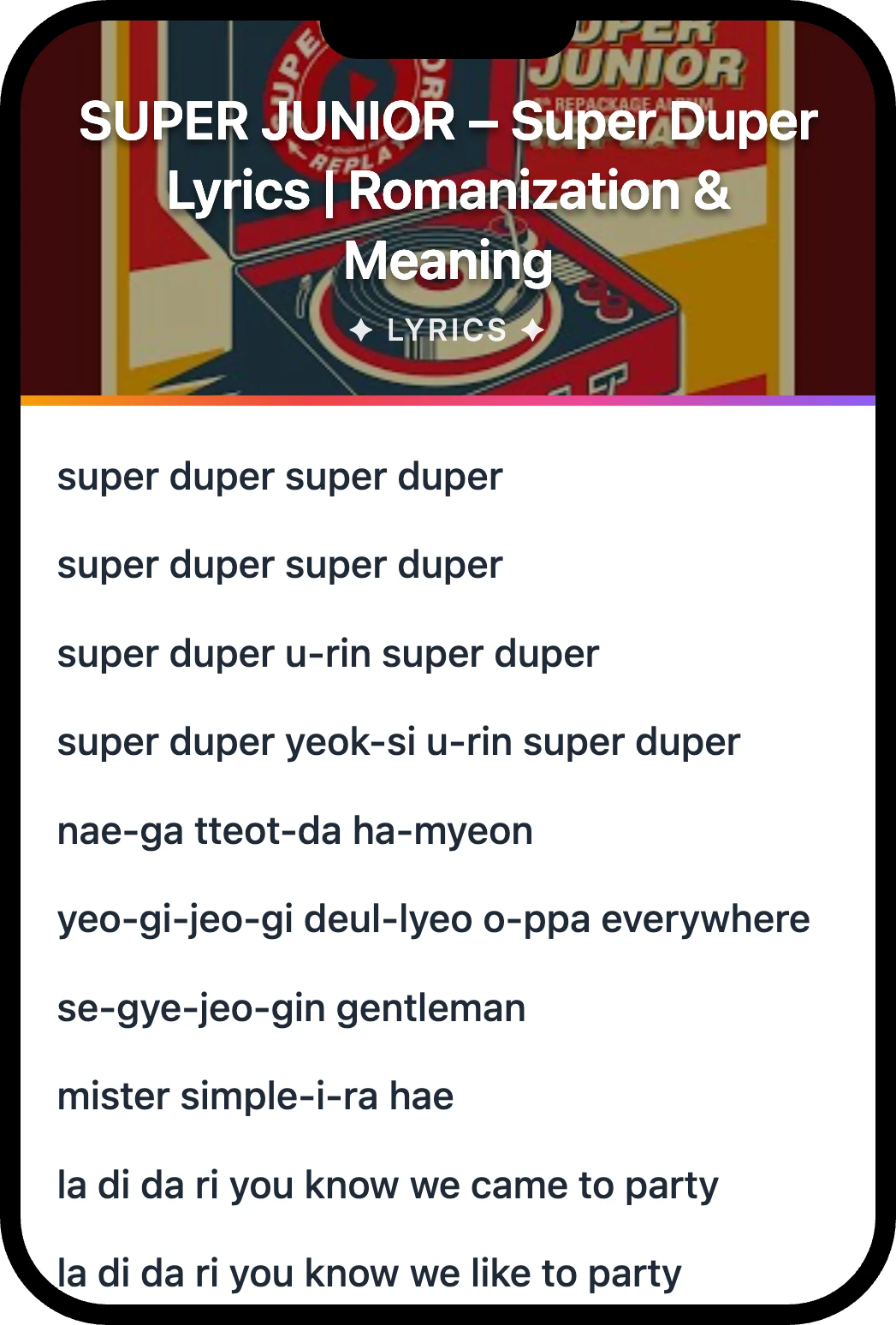 SUPER JUNIOR Super Duper lyrics romanization and English meaning