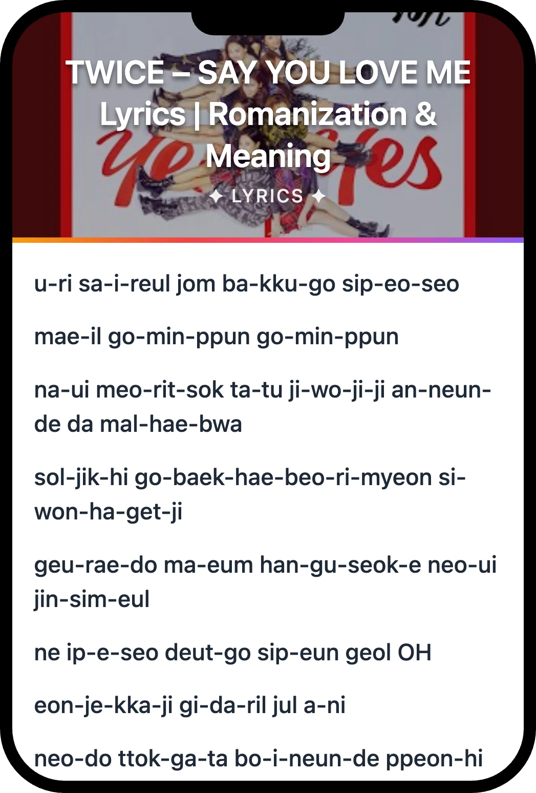 TWICE SAY YOU LOVE ME lyrics romanization and English meaning