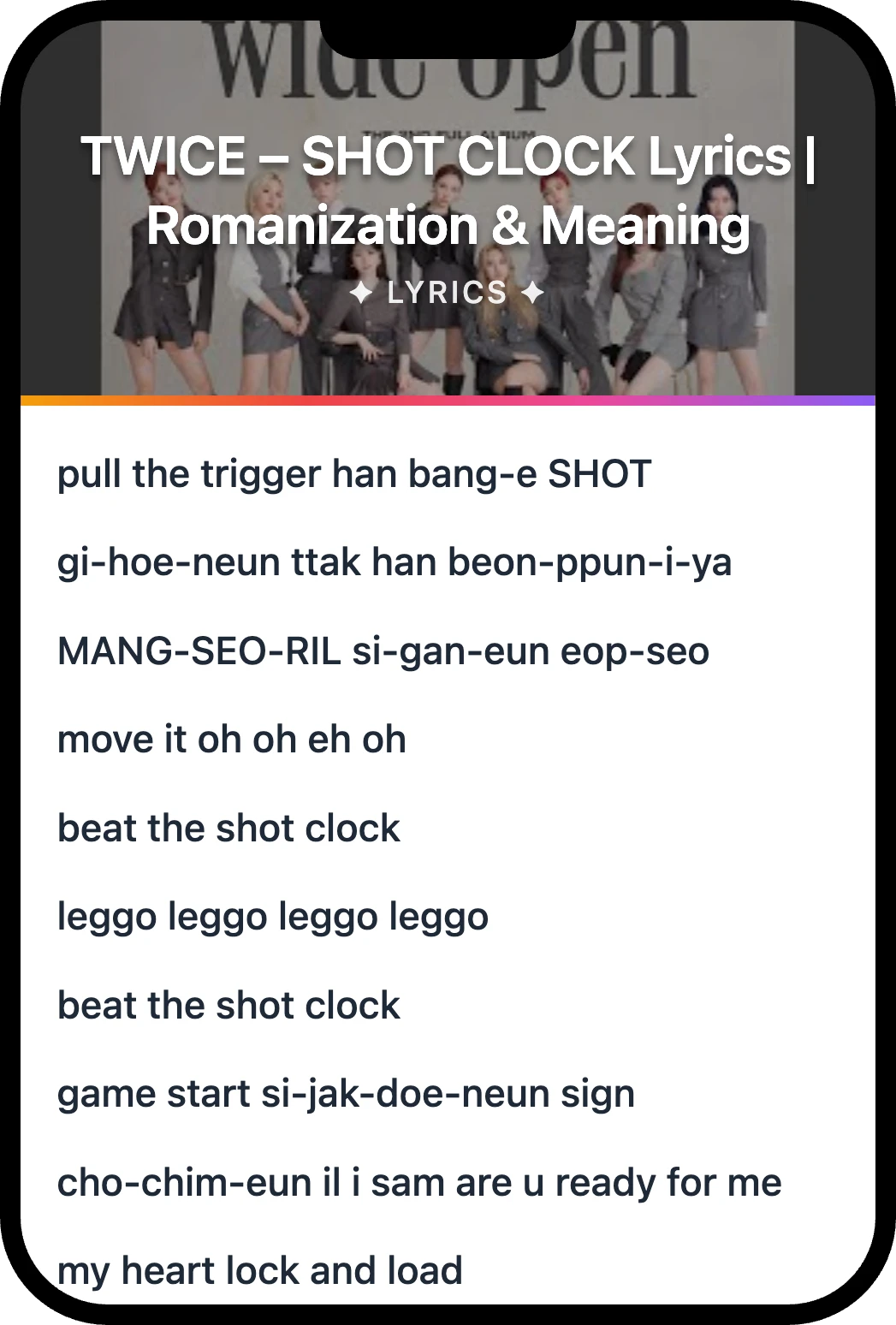 TWICE SHOT CLOCK lyrics romanization and English meaning