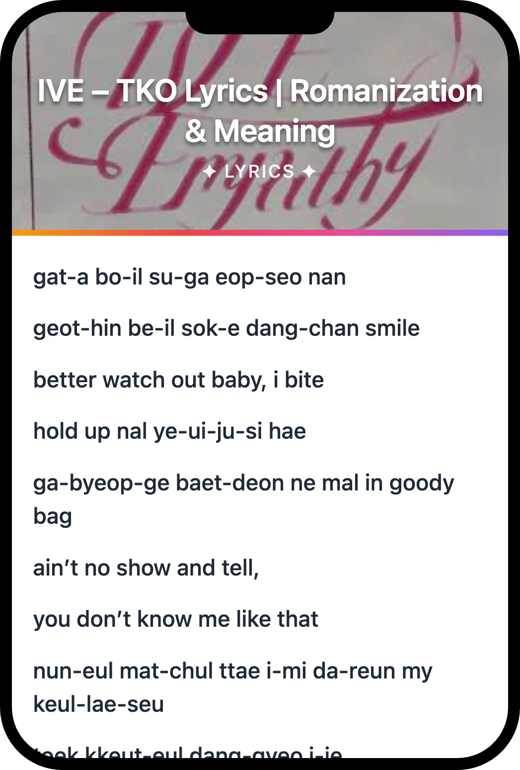 IVE TKO lyrics romanization and English meaning