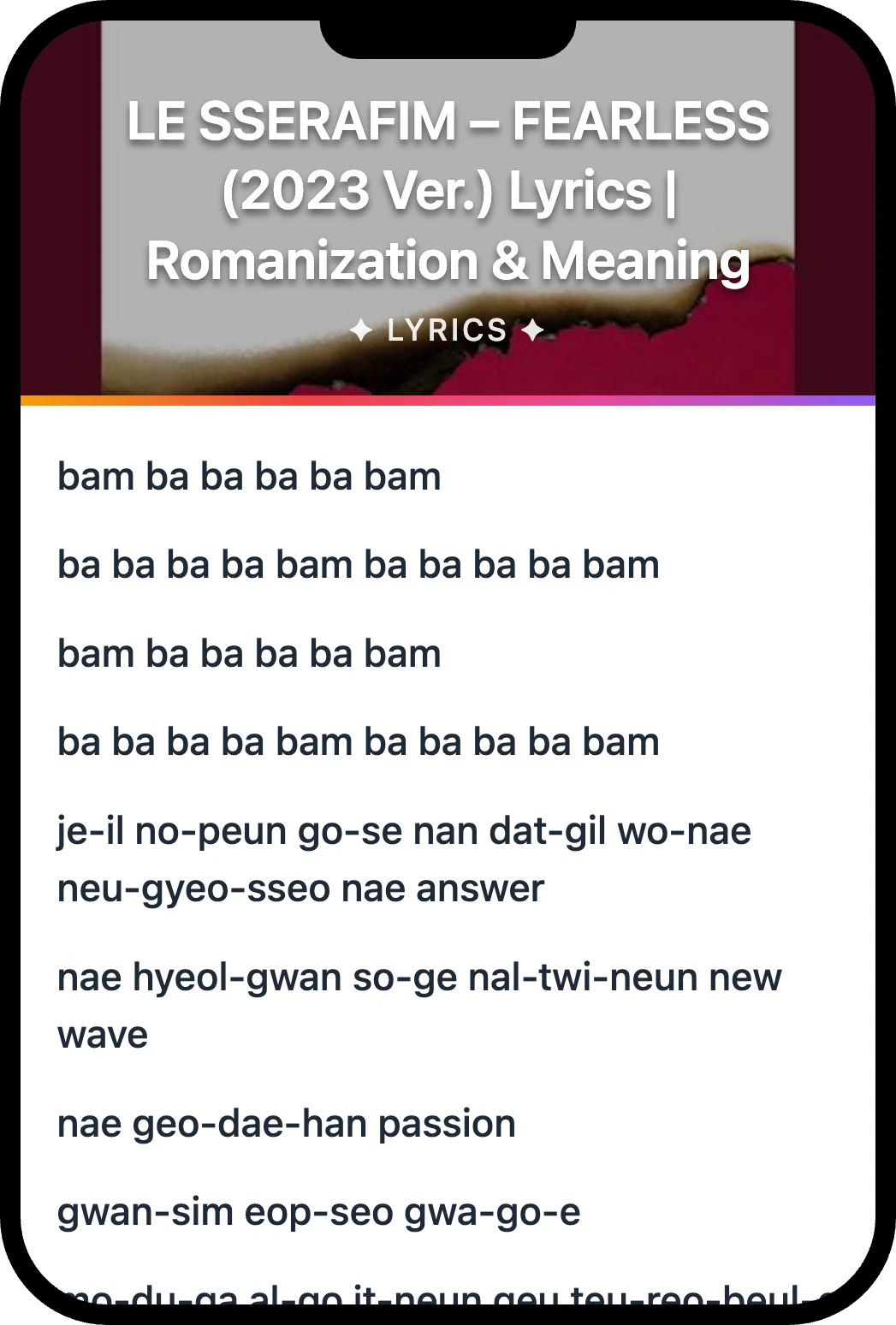 LE SSERAFIM FEARLESS lyrics romanization and English meaning