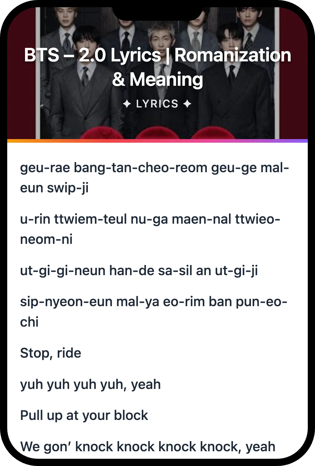 BTS 2.0 lyrics romanization and English meaning