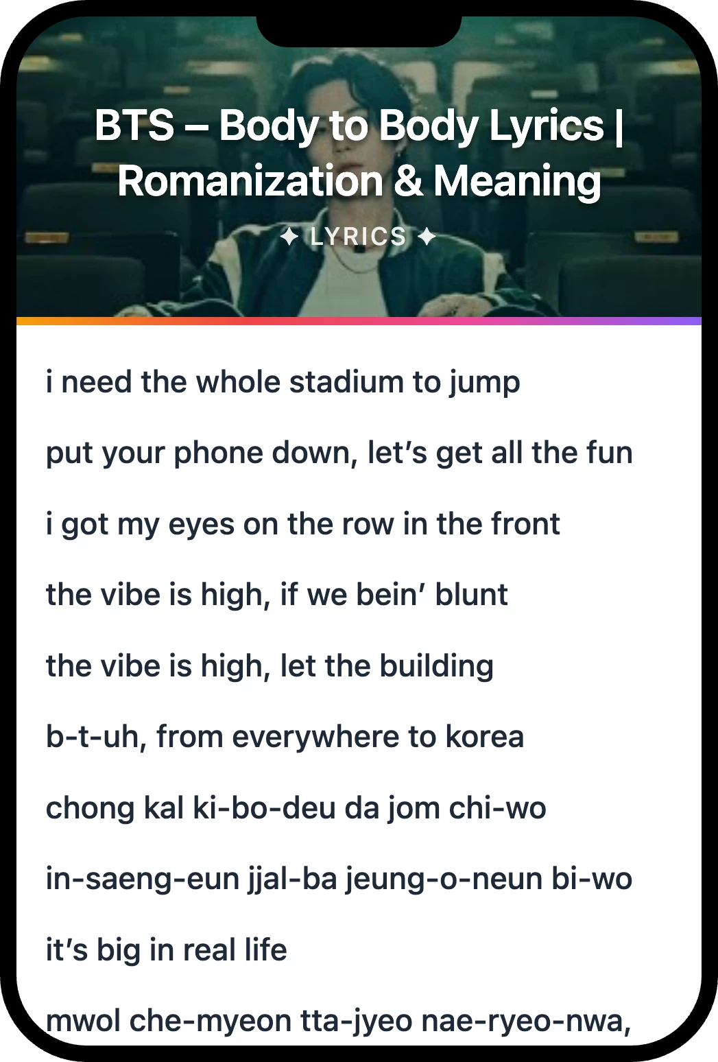 BTS Body to Body lyrics romanization and English meaning