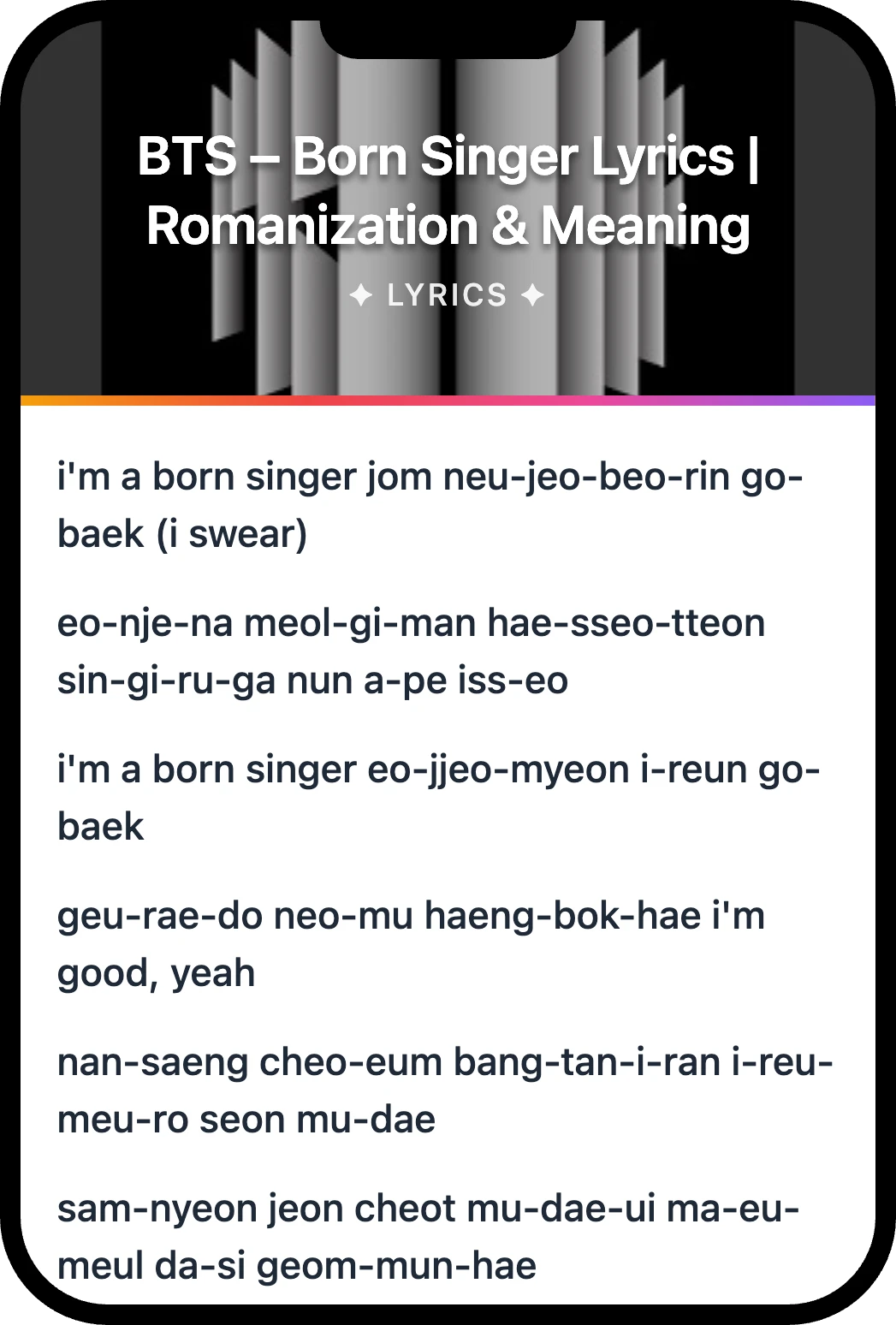 BTS Born Singer lyrics romanization and English meaning