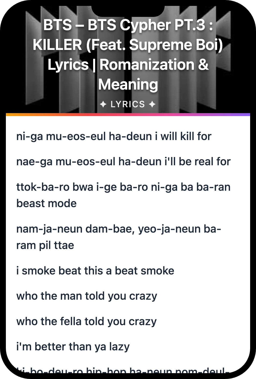 BTS BTS Cypher PT.3 : KILLER lyrics romanization and English meaning
