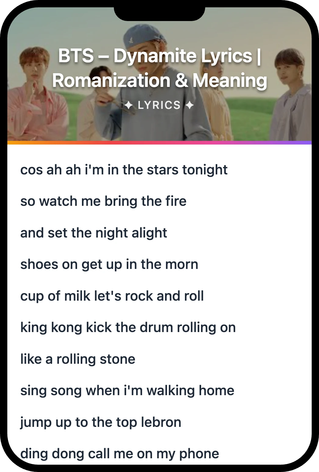 BTS Dynamite lyrics romanization and English meaning