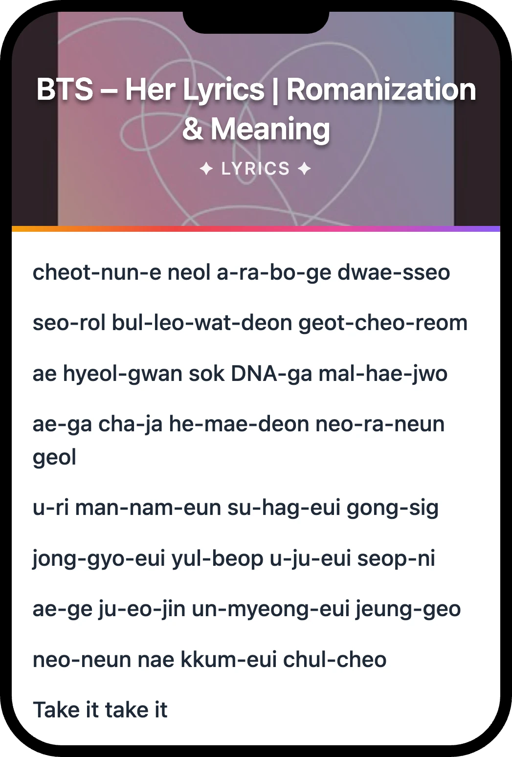 BTS Her lyrics romanization and English meaning