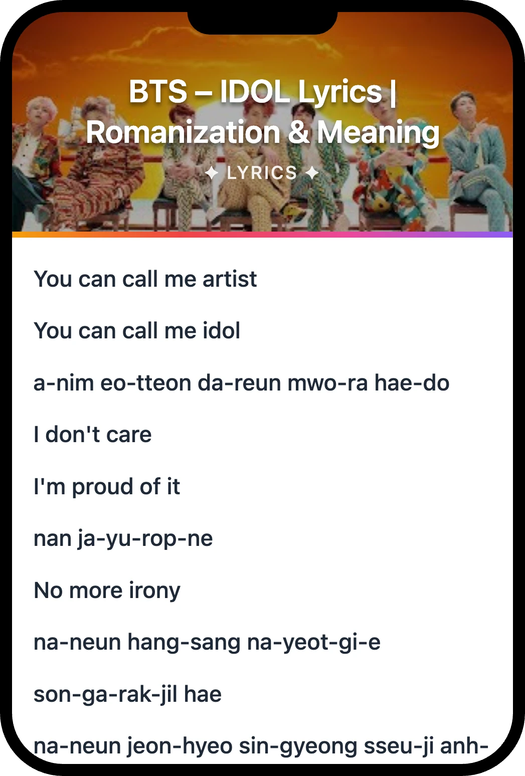 BTS IDOL lyrics romanization and English meaning