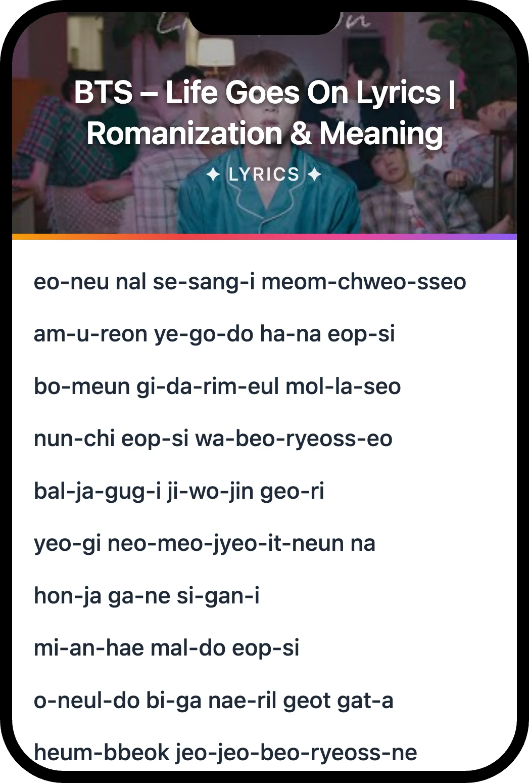 BTS Life Goes On lyrics romanization and English meaning