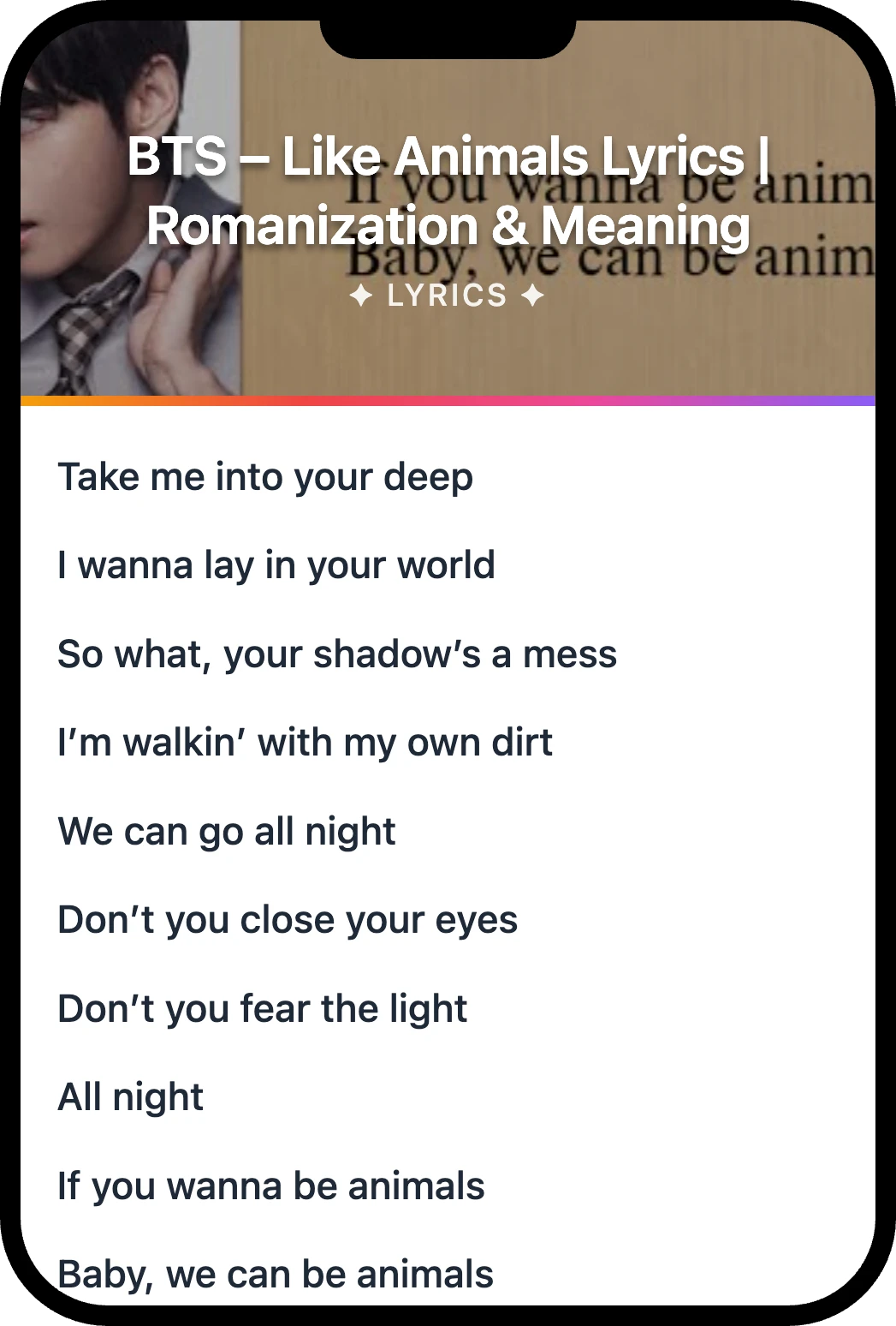BTS Like Animals lyrics romanization and English meaning