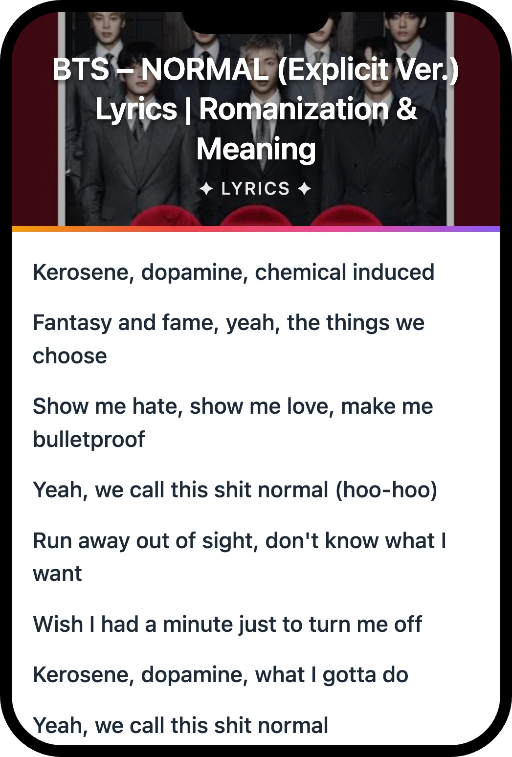 BTS NORMAL lyrics romanization and English meaning