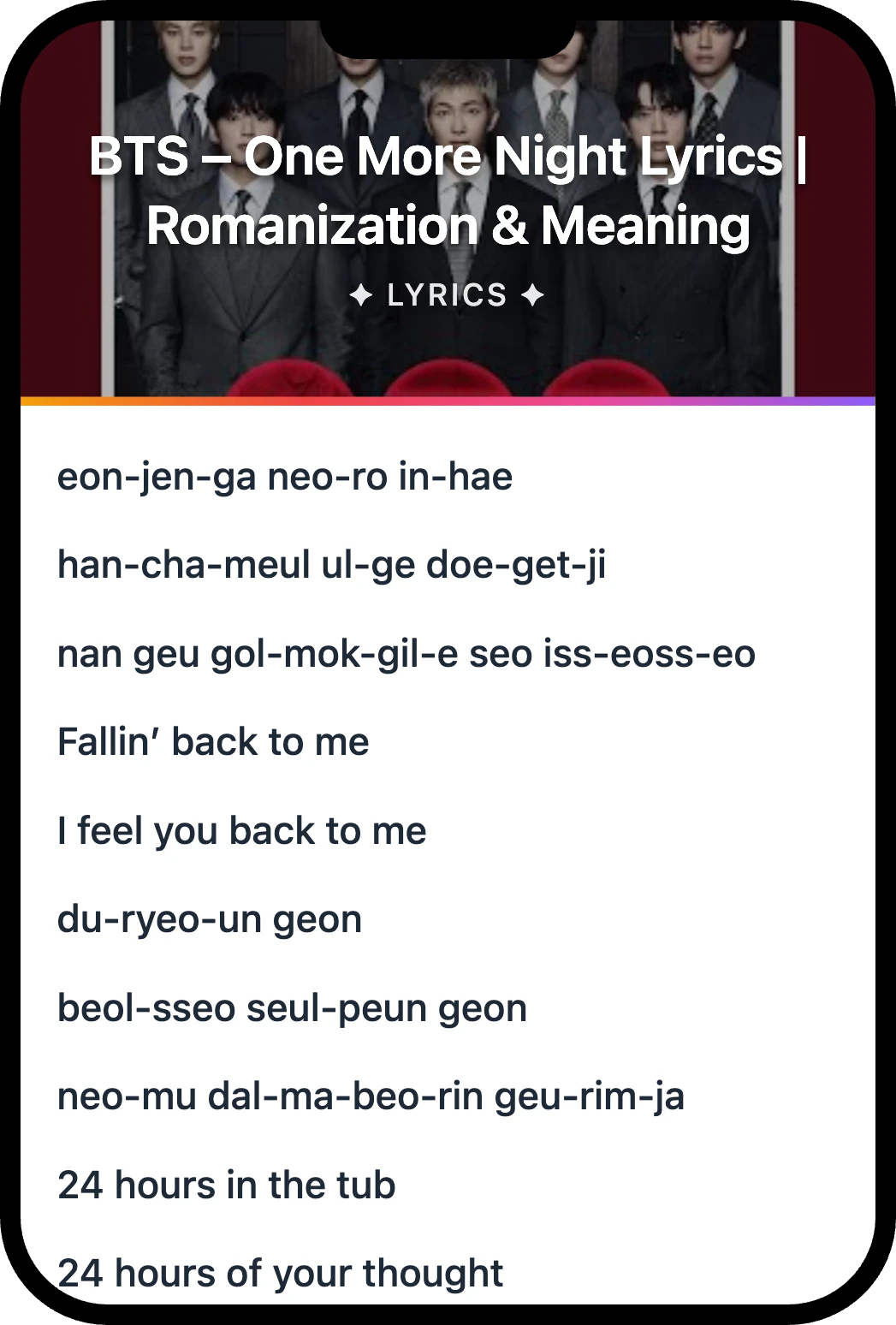 BTS One More Night lyrics romanization and English meaning