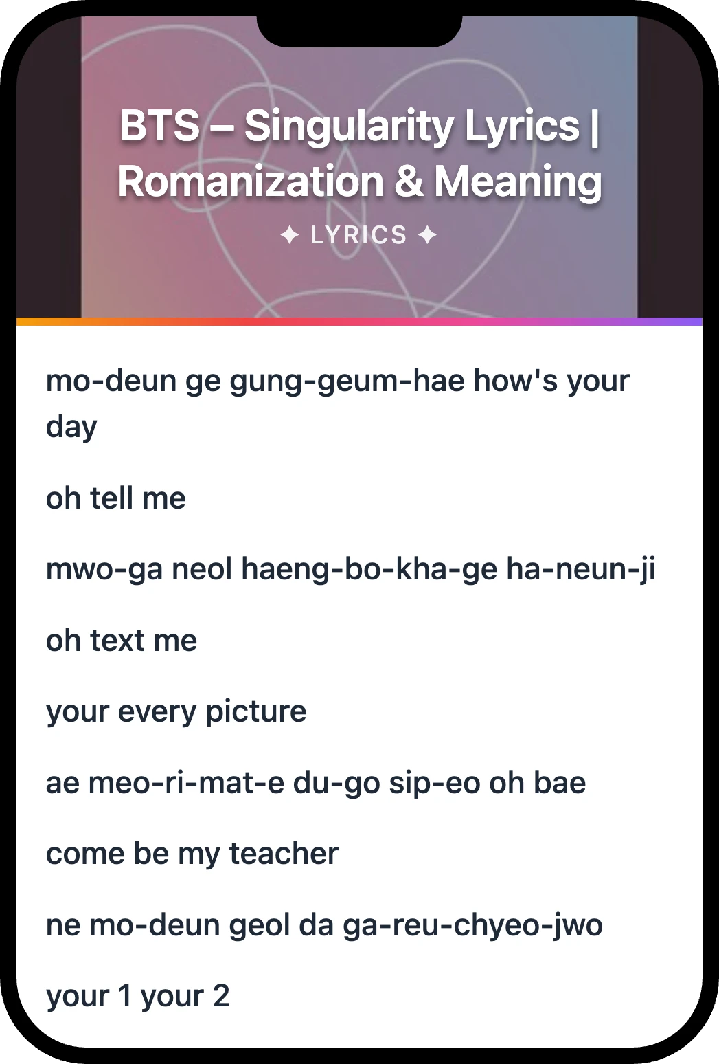 BTS Singularity lyrics romanization and English meaning
