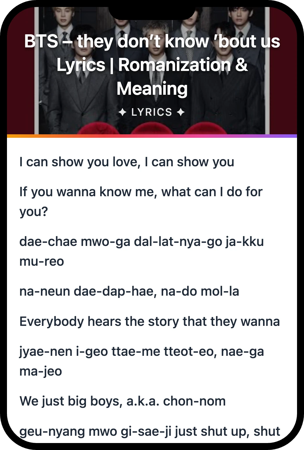 BTS they don’t know ’bout us lyrics romanization and English meaning