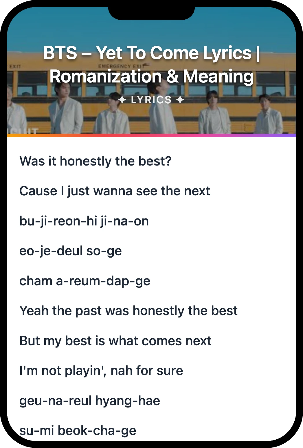 BTS Yet To Come lyrics romanization and English meaning