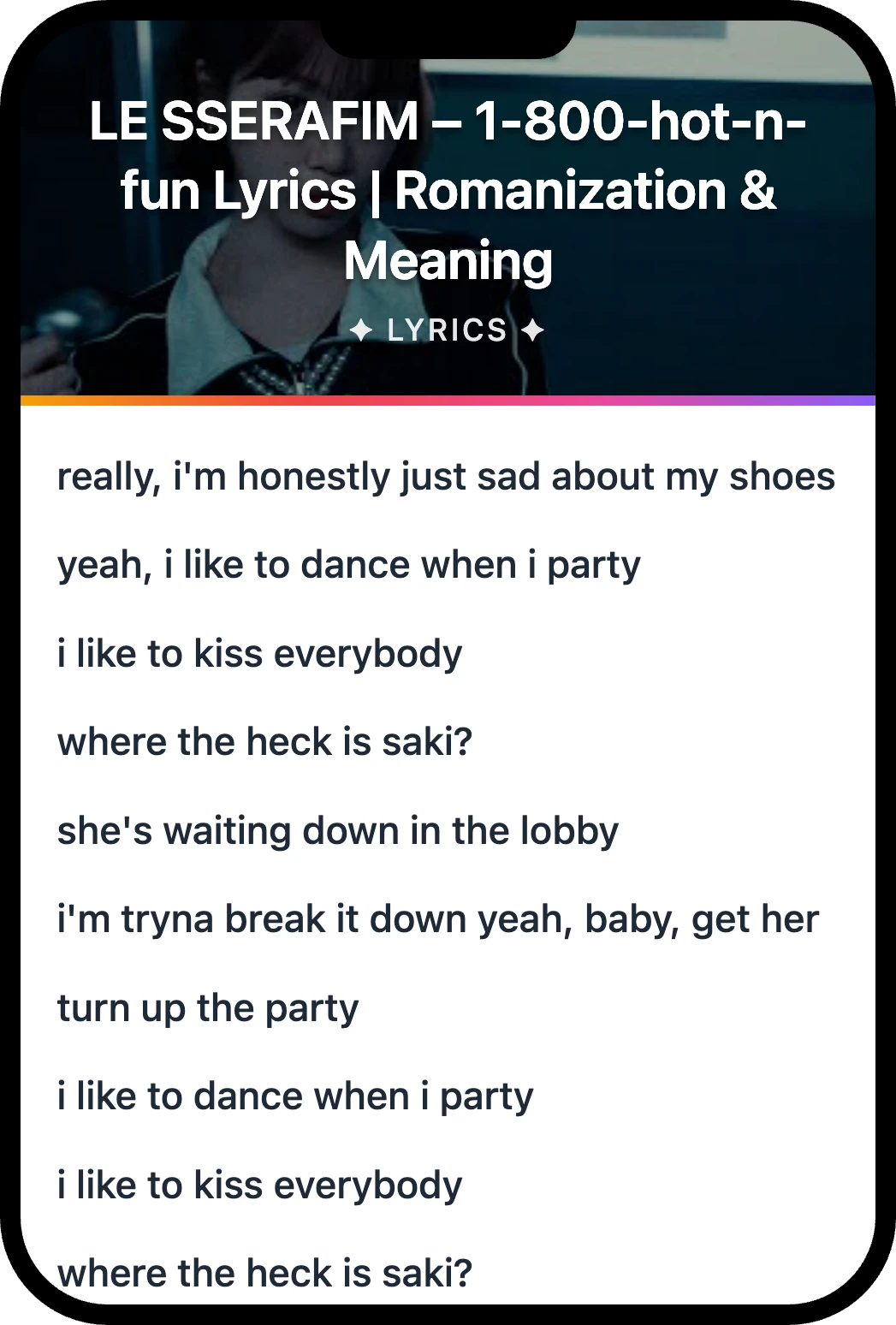 LE SSERAFIM 1 lyrics romanization and English meaning