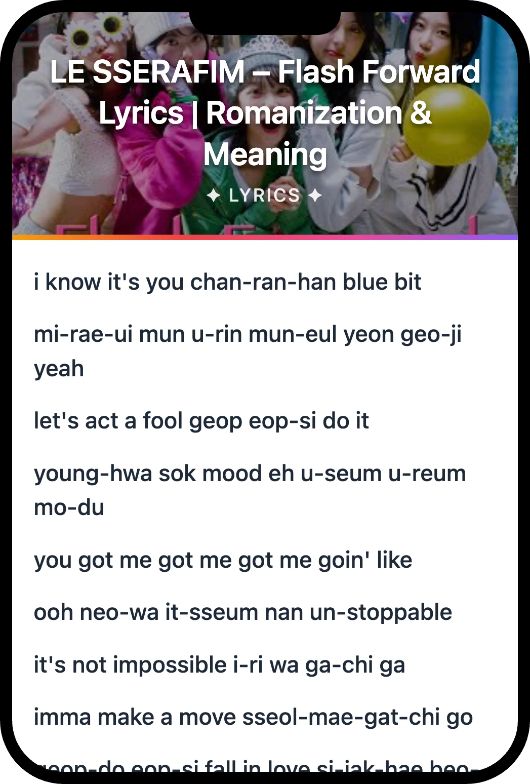 LE SSERAFIM Flash Forward lyrics romanization and English meaning