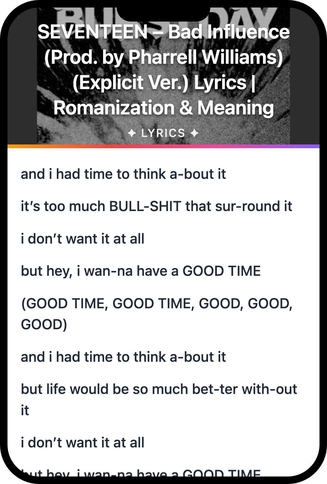 SEVENTEEN Bad Influence lyrics romanization and English meaning
