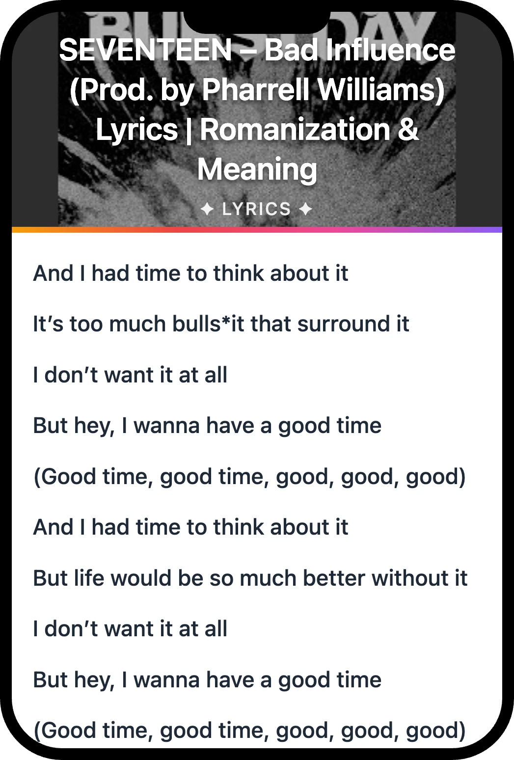 SEVENTEEN Bad Influence lyrics romanization and English meaning