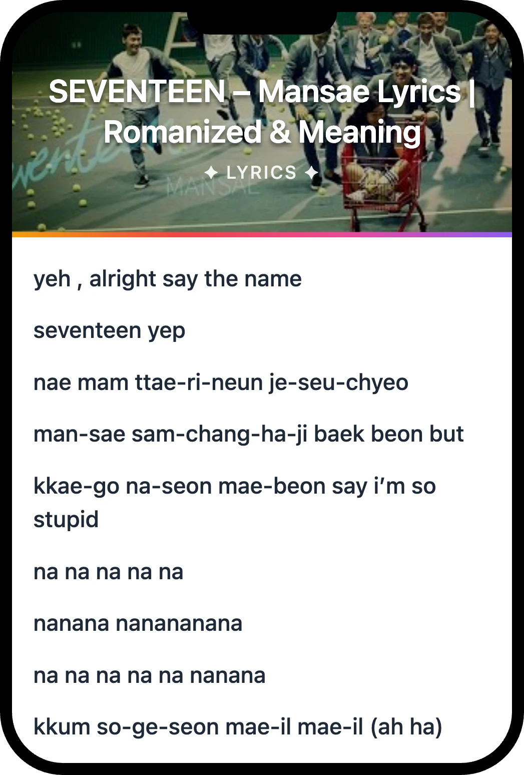 SEVENTEEN Mansae lyrics romanization and English meaning