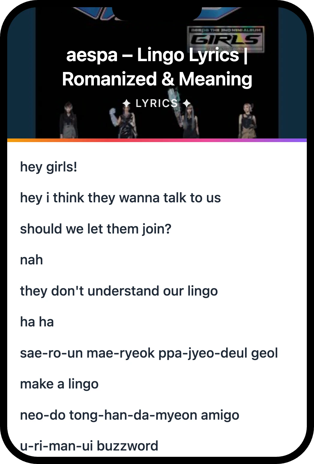 aespa Lingo lyrics romanization and English meaning