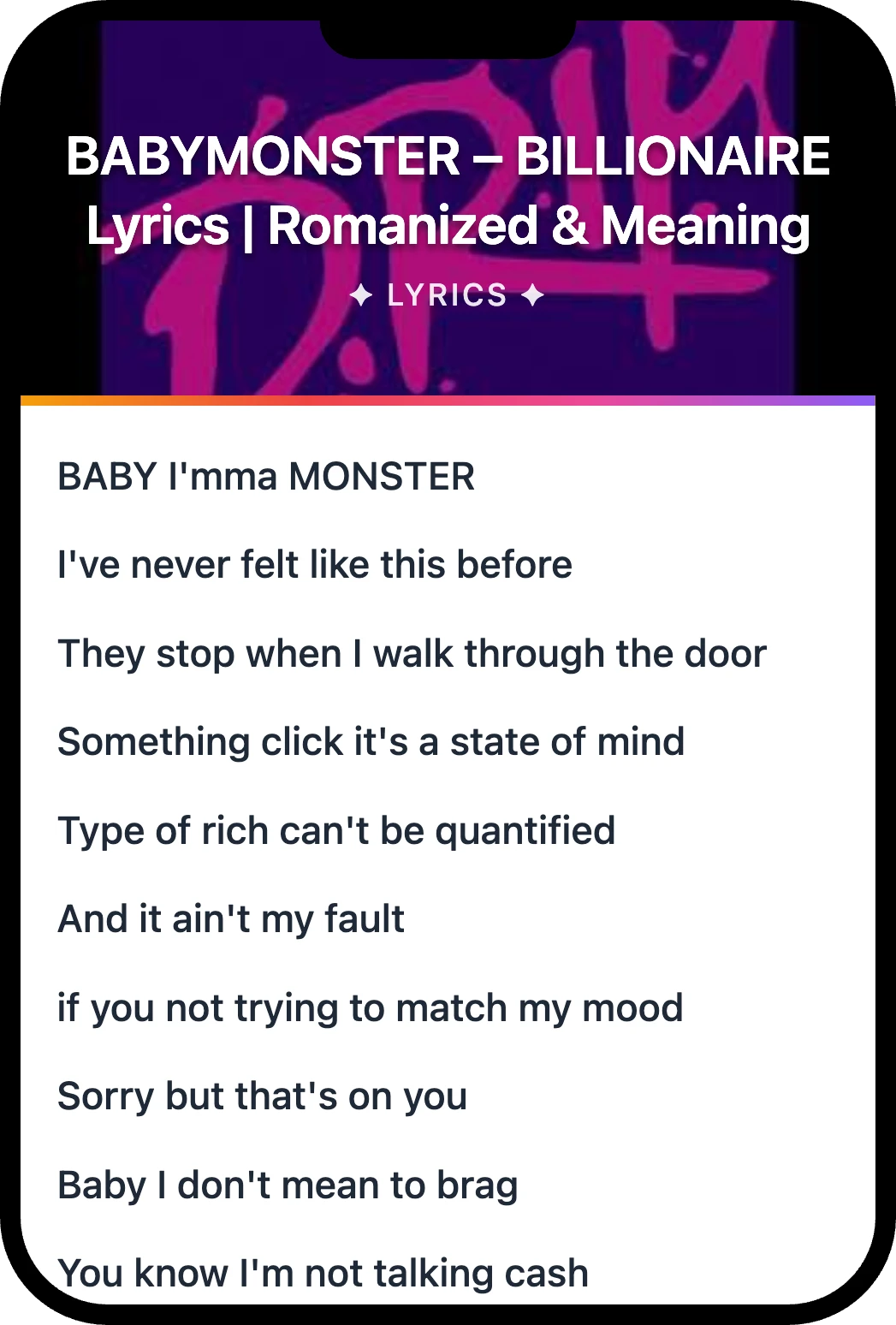 BABYMONSTER BILLIONAIRE lyrics romanization and English meaning