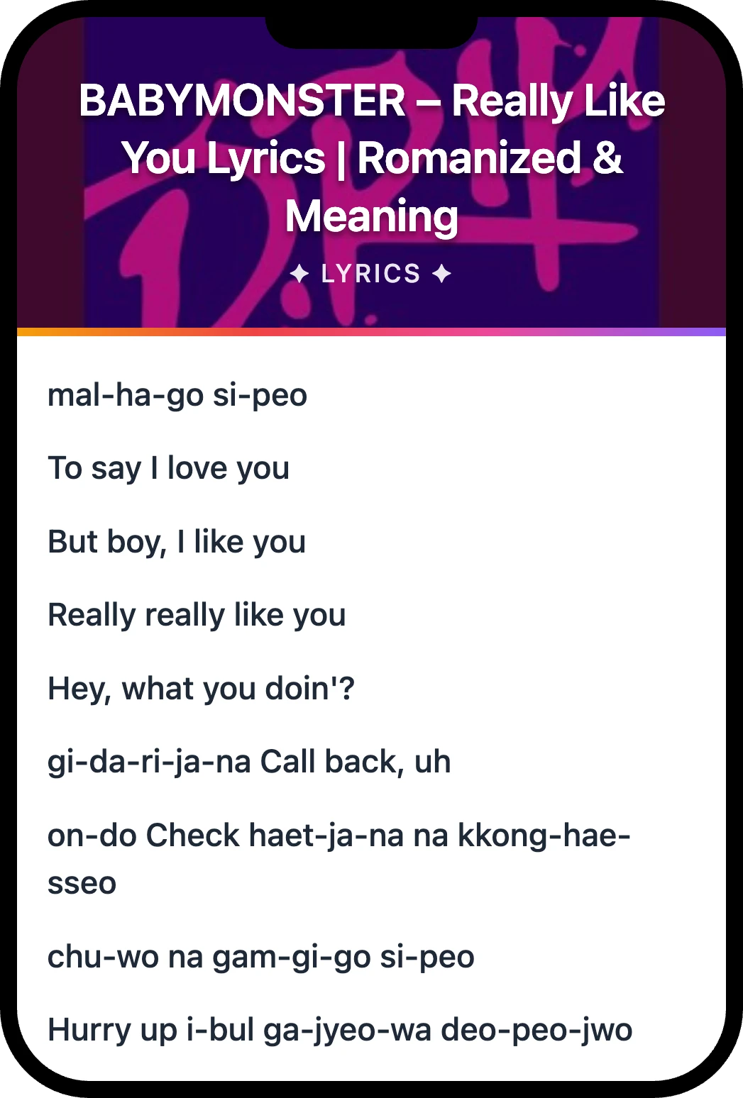 BABYMONSTER Really Like You lyrics romanization and English meaning