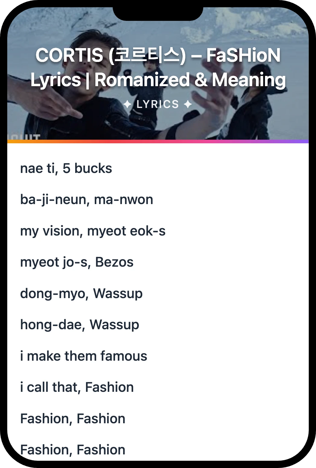 CORTIS (코르티스) FaSHioN lyrics romanization and English meaning