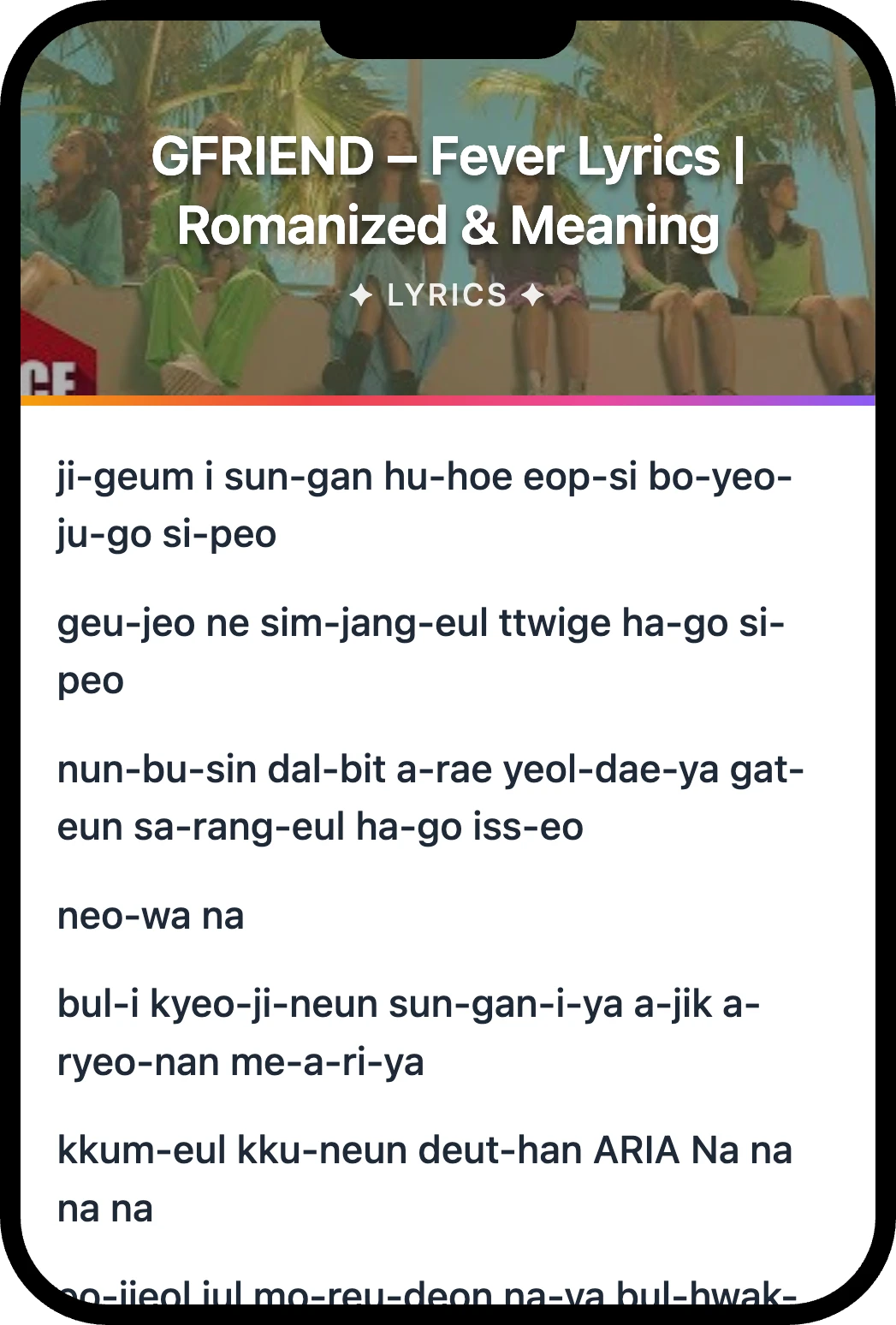 여자친구(GFRIEND) Fever lyrics romanization and English meaning