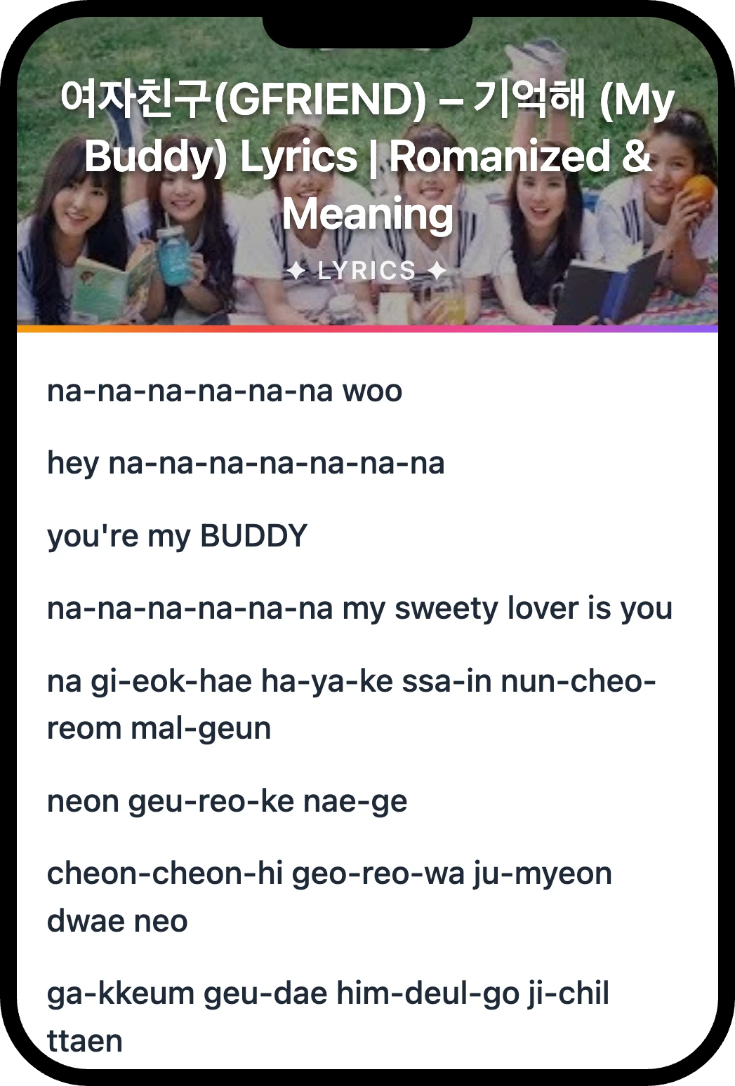 여자친구(GFRIEND) My Buddy lyrics romanization and English meaning