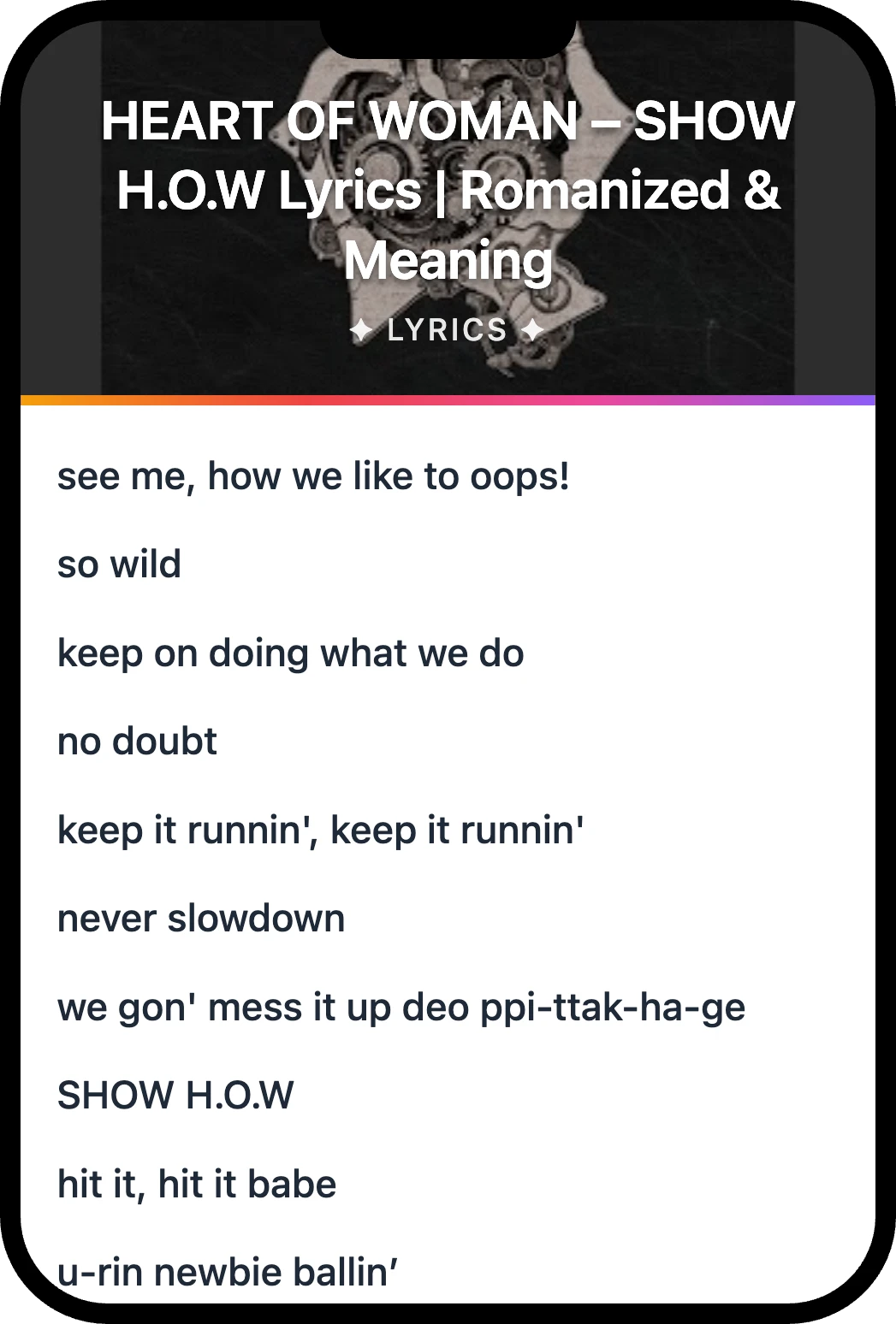 HEART OF WOMAN SHOW H.O.W lyrics romanization and English meaning