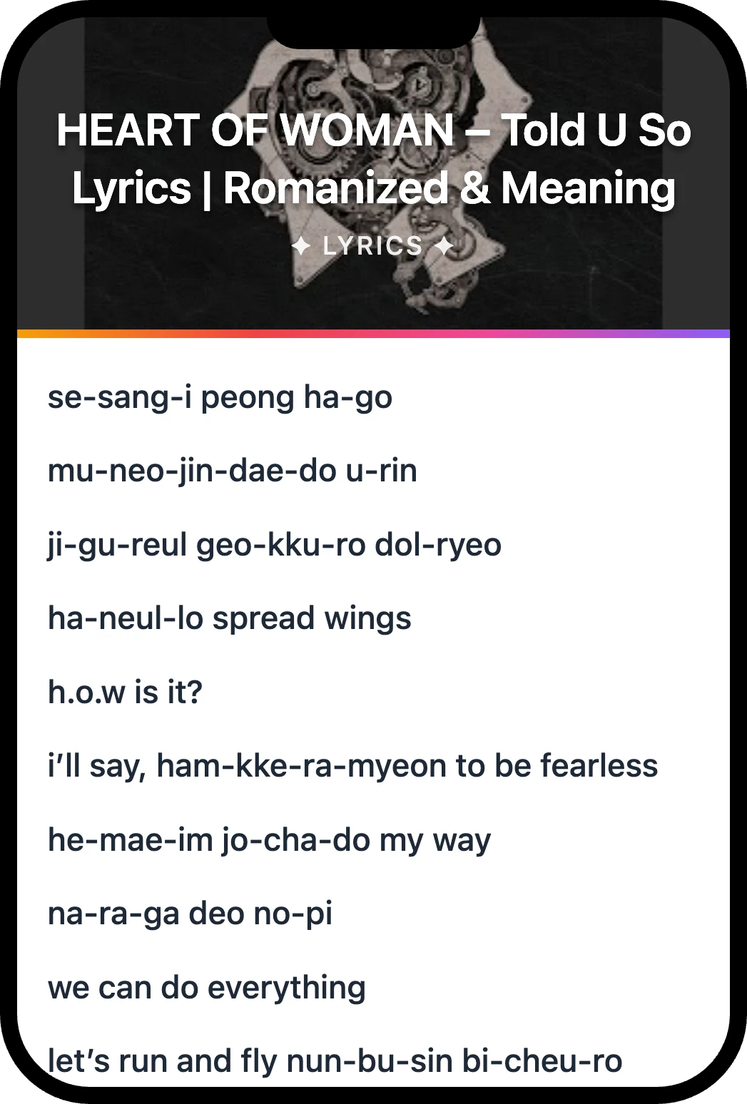 HEART OF WOMAN Told U So lyrics romanization and English meaning