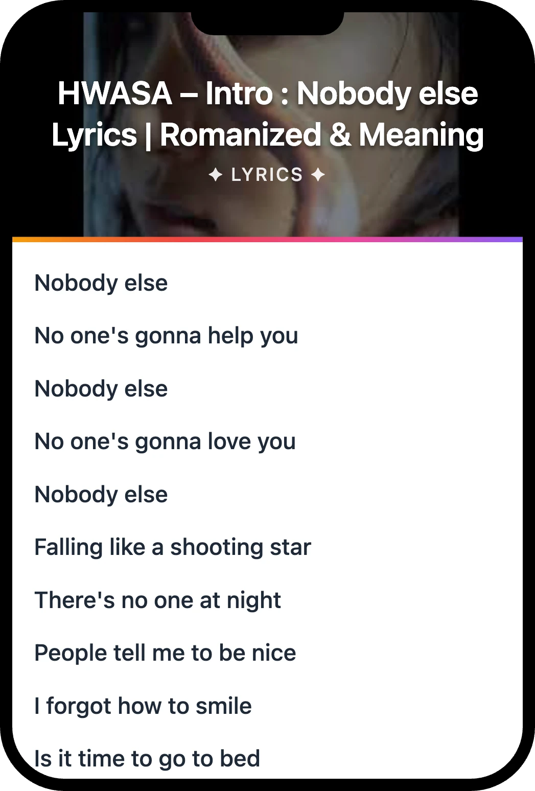 화사 (HWASA) Intro : Nobody else lyrics romanization and English meaning